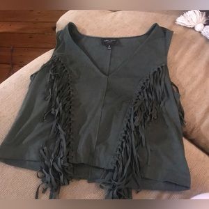 Olive Crop Suede fringe top
